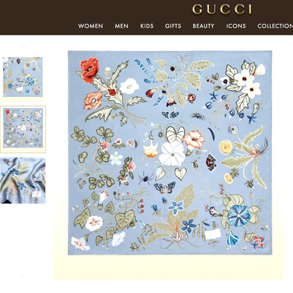 New Gucci Scarf Flora Print Kris Knight Print Sky Blue Silk Scarf Wrap - Picture 1 of 16